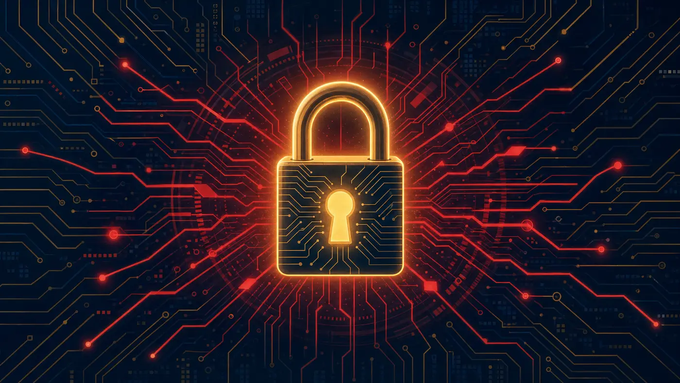 Illustration of a glowing padlock over a circuit board representing ransomware protection