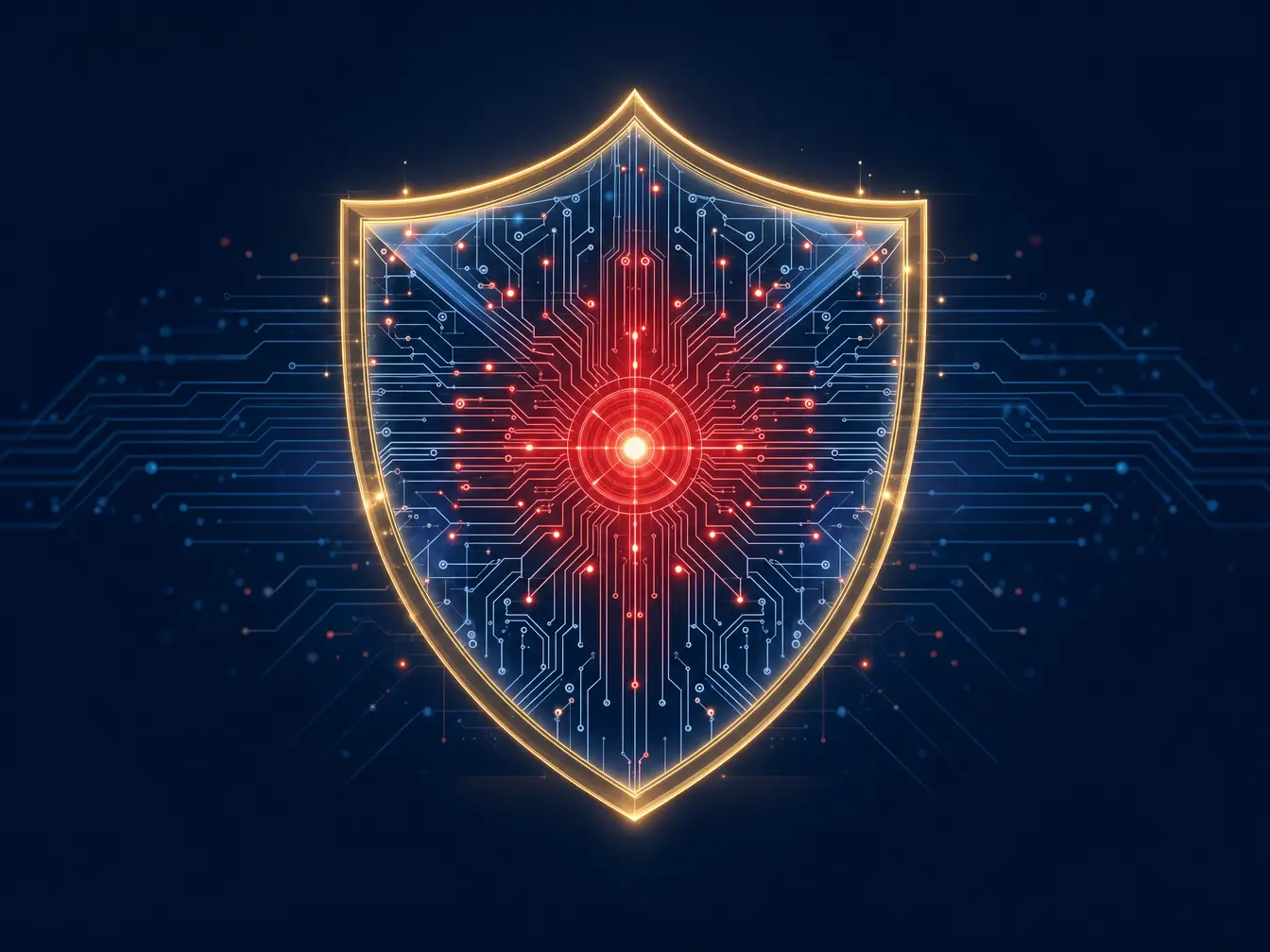 Digital illustration of a glowing shield made of circuit patterns representing firewall and cybersecurity protection